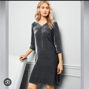 Eileen Fisher Velvet Tunic Dress XS Silvery Gray V-Neck 3/4 Sleeve